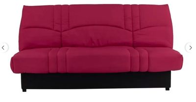 a red futon couch with black legs and a black base