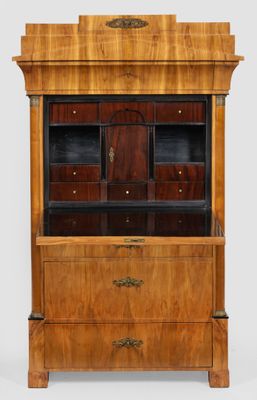 an antique wooden cabinet with drawers and drawers on top of it