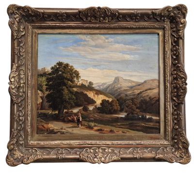 un tableau représentant un paysage avec un homme et un cheval au premier plan