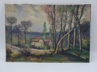 une peinture à l'huile d'une maison dans une zone boisée avec des arbres