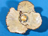 a close up of a flower brooch on a blue surface