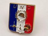 a close up of a badge on a white surface with a red, white and blue flag