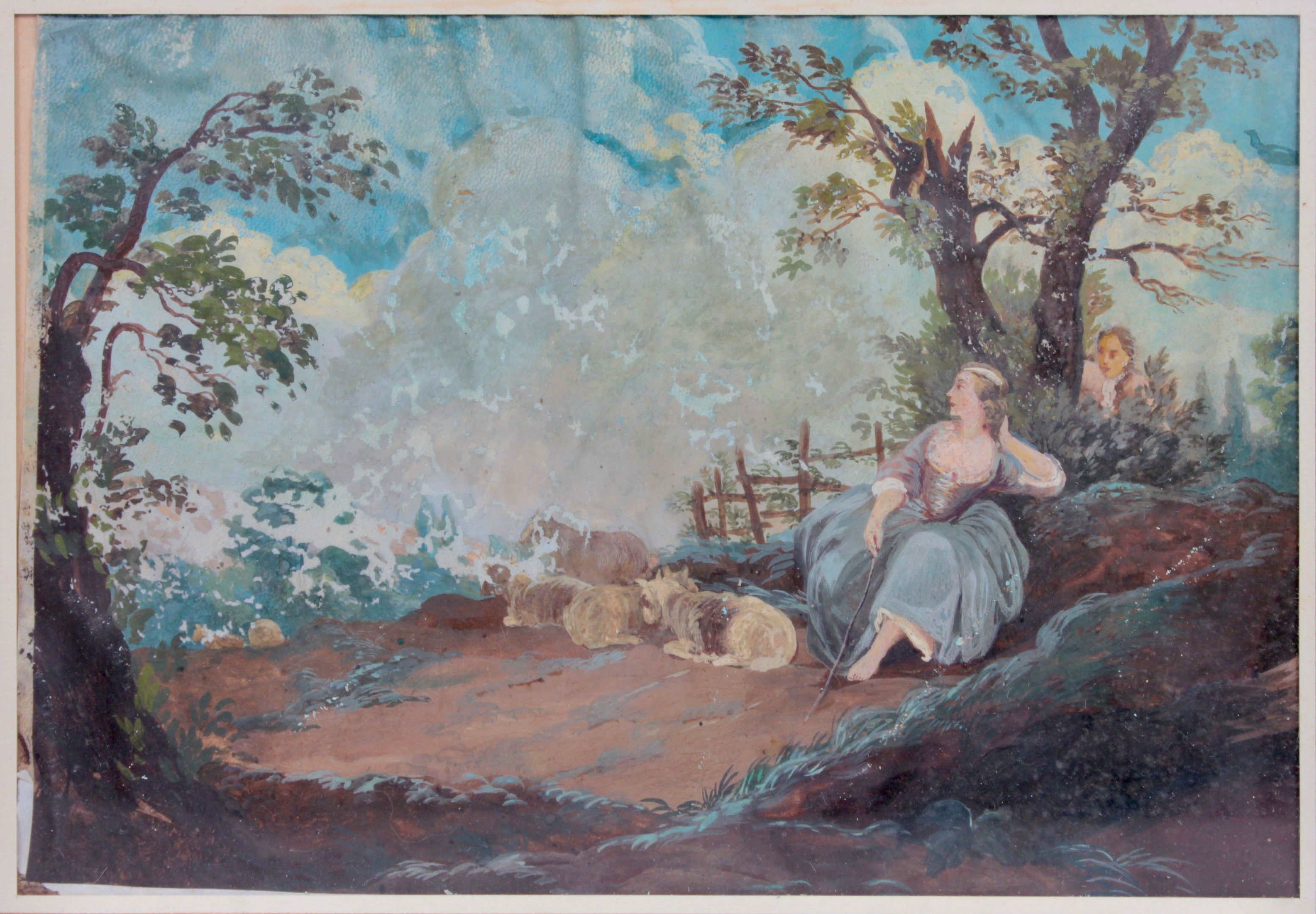 Ecole française du XVIIIe siècle. La Bergère épiée. Gouache …