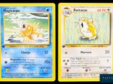 two pokemon cards with a picture of a cat and a dog on them