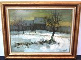 une peinture à l'huile représentant un paysage enneigé avec un arbre au premier plan