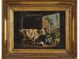 painting of a man milking a cow in a barn with a dog and a cat