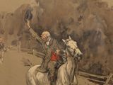 a drawing of a man riding a horse with a hat on his head