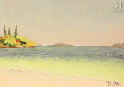 une image représentant un tableau d'une petite île au milieu d'un plan d'eau