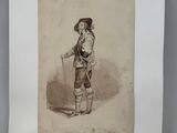an old picture of a man with a cane and a hat