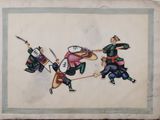 a picture of a painting of a man and a woman fighting