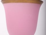 pink glass goblet with a gold rim on a white background