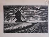 drawing of a windmill in a field with a cloudy sky in the background