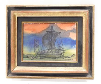 painting of a boat in a body of water with a sky in the background