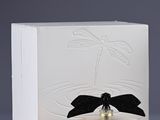 un flacon de parfum à côté d'une boîte ornée d'une libellule