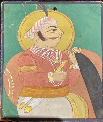 painting of a man in a red and gold outfit holding a sword