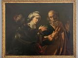 un vieux tableau représentant un homme tenant une femme dans ses bras