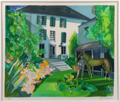 painting of a horse standing in front of a white house