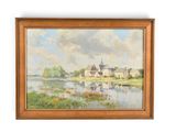 un tableau représentant un paysage fluvial avec un château au loin