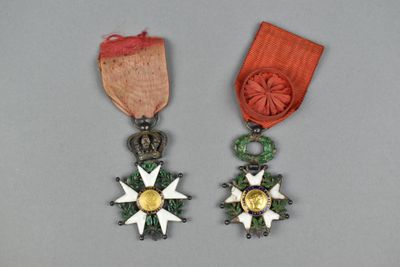 deux médailles avec leurs rubans et une étoile sur un fond gris