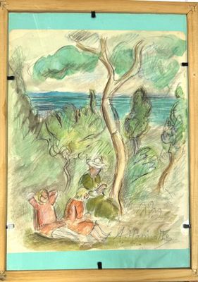 painting of two people sitting under a tree by the water