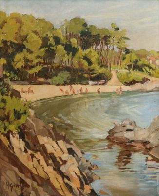 une peinture à l'huile représentant une scène de plage avec des personnes sur le rivage