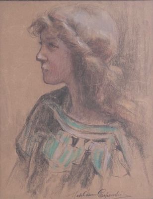 tableau représentant une jeune fille portant un bonnet et une robe rayée