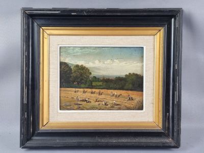 a painting of sheep grazing in a field with trees in the background