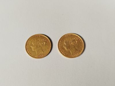 two gold sovereigns on a white surface