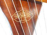a close up of a harp with strings and a logo on it