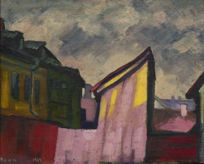 une image représentant une peinture d'une scène de rue avec des bâtiments et des cordes à linge