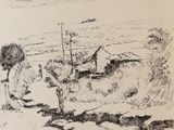 drawing of a woman sitting on a bench in the snow