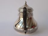 a silver tea pot with a spoon in it