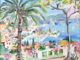 une peinture à l'huile représentant une baie et un palmier