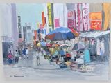 a painting of people walking down the street with umbrellas