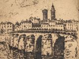 une image représentant un dessin d'un pont au-dessus de l'eau, avec des bâtiments en arrière-plan