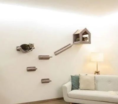 un canapé blanc dans un salon avec un arbre à chat accroché au mur