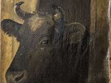 une peinture à l'huile représentant une tête de vache, dans un cadre en bois