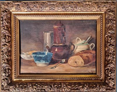 tableau représentant une nature morte avec du pain, une cafetière et une théière