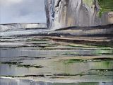 a painting of a painting of a cliff by the water