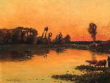 painting of a sunset over a river with cattle grazing in the foreground