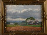an oil painting of a landscape with a tree in the foreground