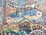 painting of a group of fish swimming in a pond of water