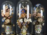 three glass cloches with flowers inside of them on a black surface
