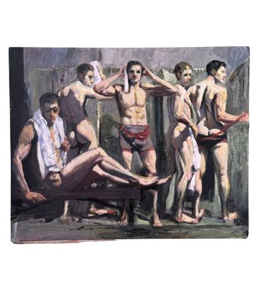un tableau représentant un groupe d'hommes en maillot de bain