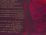 dessin représentant une femme assise sur une chaise, sur fond rouge