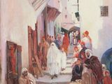 painting of a street scene with people walking and sitting on the steps