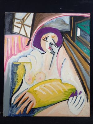 un tableau représentant une femme tenant une banane à la main