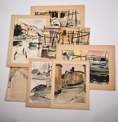 several drawings of a train on a train track next to a building