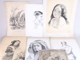 several old books with drawings of women and men on them