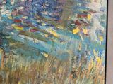 painting of water lillies in a pond of water with a sky background